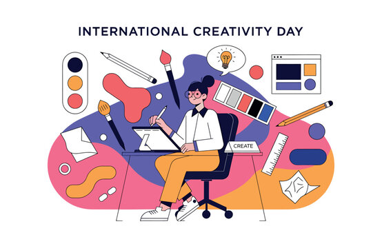International creativity day vector illustration concept with artist drawing on tablet