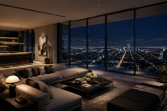 Modern penthouse interior with floor-to-ceiling windows overlooking a cityscape at night.