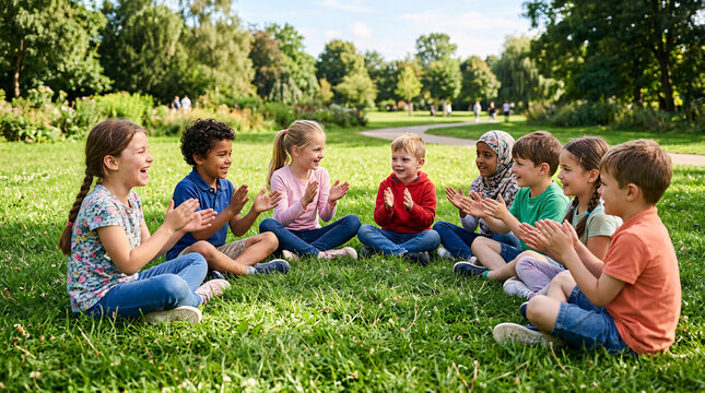A group of diverse children enjoy a sunny day outdoors, sitting in a circle on a lush green lawn, clapping their hands in unison.