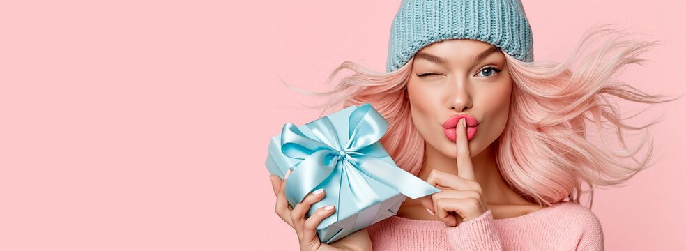 Beautiful playful young woman in a warm hat and sweater holding a gift box