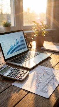 An office desk of an accountant or financial advisor with calculator, laptop and financial documents and charts
