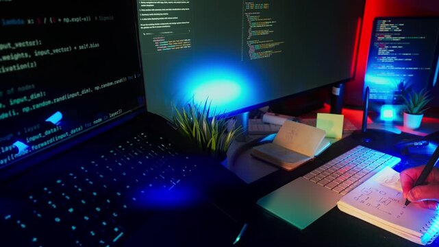 Modern Computer Coding Workspace with Programming Code on Screen, Software Development and Futuristic Technology Concept