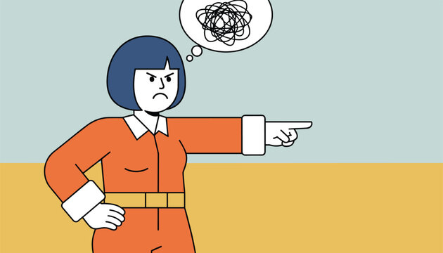 Annoyed cartoon woman in a bright orange jumpsuit pointing ahead with an angry expression and a scribble thought bubble.
