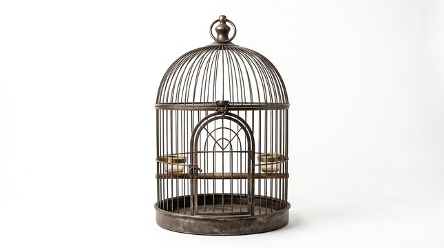 Vintage decorative metal bird cage isolated on a clean white studio background