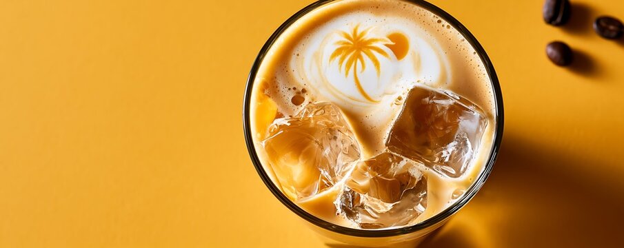 Summer iced coffee with palm tree latte art and ice cubes on yellow background