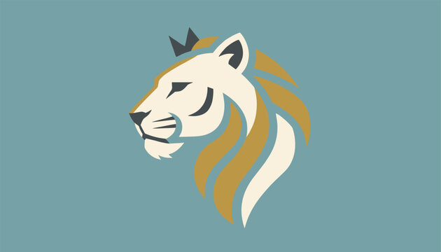 Regal lion head profile logo design wearing a crown over a smooth golden and beige mane with soft blue background.