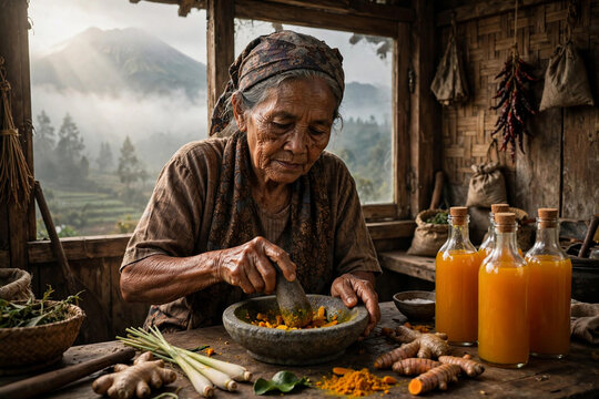 Elderly Indonesian woman making traditional jamu herbal drink in Wonosobo