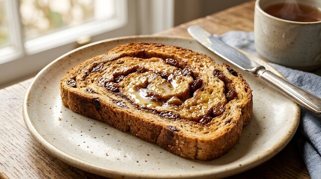 Toasted cinnamon raisin bread slice on a plate with a cup of tea for breakfast, perfect for national cinnamon raisin bread day