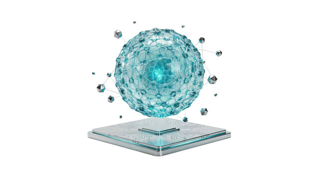 Glowing teal geometric sphere floating above a metallic square base with small polyhedral orbs surrounding... isolated on a transparent background
