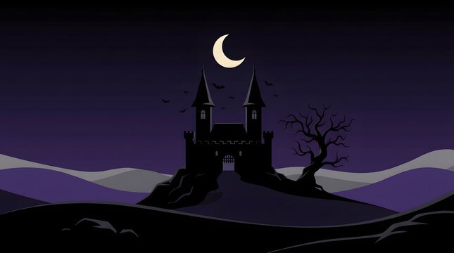 A spooky moon and haunted castle scene halloween background featuring a dark silhouette of an old fortress under crescent moonlight