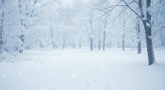Serene winter landscape with snow-covered trees and frosty ground.