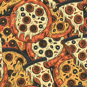 Seamless sketch pizza pattern with pepperoni and olives
