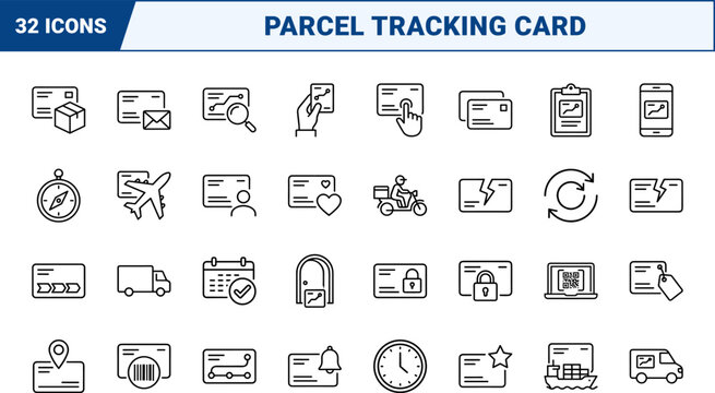Tracking Card Order Tracking Web Icon Set in Linear Style. Collection of Parcel Status line icons, including shipment tracking, package delivery, courier logistics, route status, parcel dispatch.