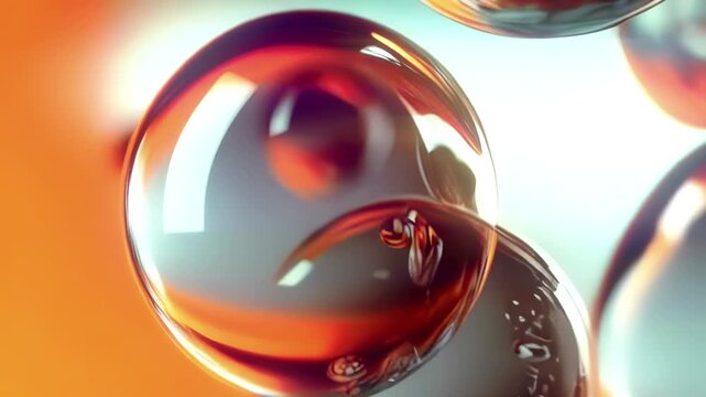 Mesmerizing animation of spherical glass objects filled with soft shafts of light. The orange palette and depth effect create a sense of lightness and volume