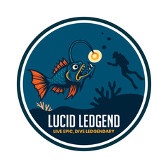 Naklejka premium Lucid Legend Fishing Logo with Detailed Fish and Underwater Scene for Fishing Club Angling Outdoor Adventure Sport Wildlife and Nature Branding