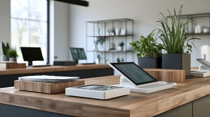 Fototapeta premium Modern retail checkout counter with digital tablet payment terminal and wooden surface in a bright minimalist store environment
