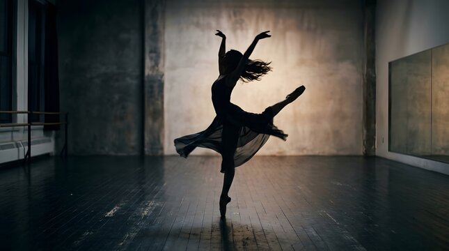 Silhouette of a graceful female ballet dancer performing a leap in a dark dance studio perfect for national dance day