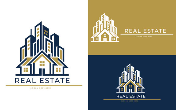 Real estate logo featuring a house silhouette combined with a cityscape presented in vector style