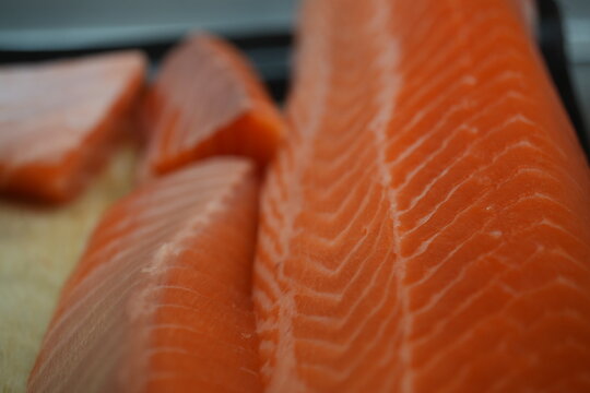 A close up view of fresh raw salmon fillet texture.