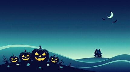 Naklejka premium A spooky halloween night scene featuring jack o' lanterns a silhouetted haunted house and a crescent moon in a dark atmospheric sky perfect for