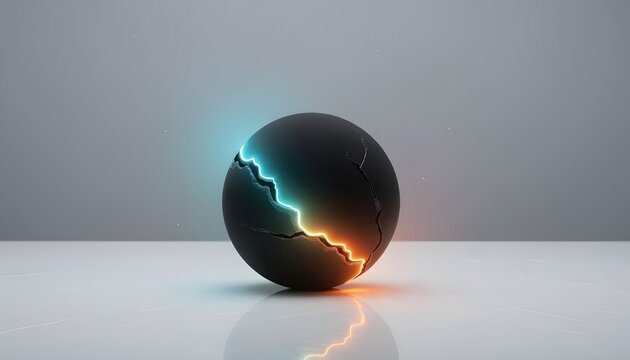Abstract dark matte sphere with glowing orange and cyan energy crack resting on a sleek light gray reflective surface in a high-tech laboratory environment