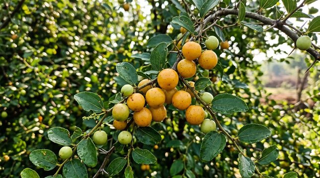Fresh ripening yellow jujube fruits growing on a leafy green branch of a ber tree in a sunny orchard garden
