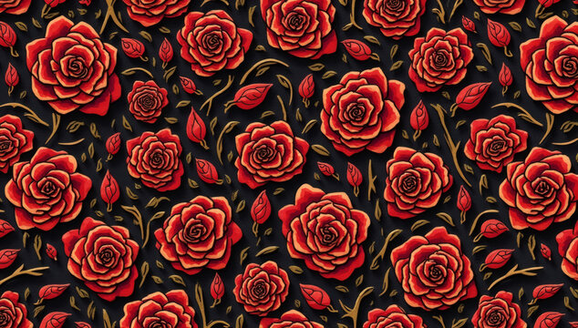 Elegant seamless pattern of red roses and gold foliage on a black luxury background for textile and wallpaper design