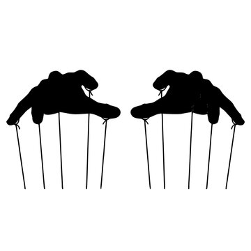 Puppet master hands controlling marionette strings on white background