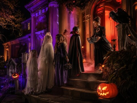 Kinder erhalten S&uuml;&szlig;igkeiten vor einem spektakul&auml;r beleuchteten Halloween-Haus. Gothic Gastgeberin, K&uuml;rbislaternen, Raben und Nebel sorgen f&uuml;r eine dramatische Trick-or-Treat-Szene.