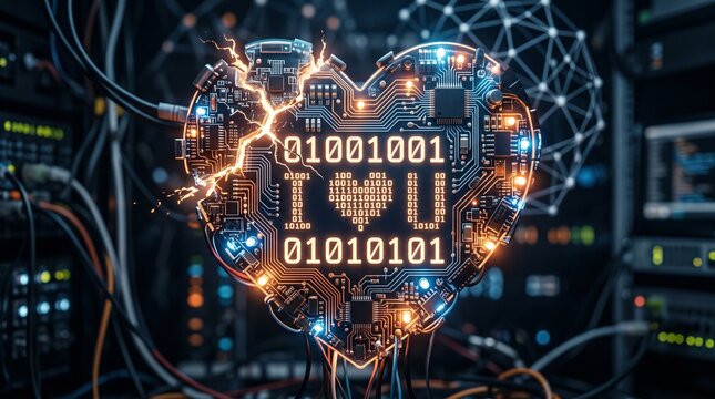 detailed Macro photo of glowing digital cracked heart 2k showing abstract micro structural details and textures with professional studio lighting