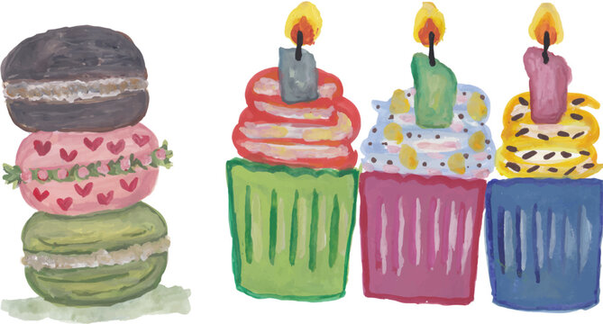 Macarons and Cupcakes Watercolor Elements Set