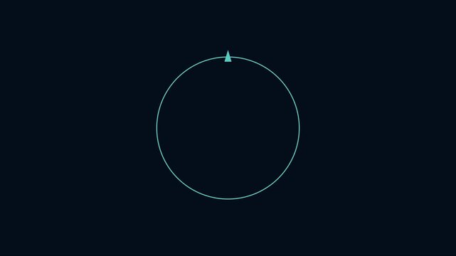 Minimalist loading spinner animation with rotating arrow and digital data nodes on dark 4k background