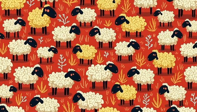 Cute Seamless Pattern of Stylized White and Yellow Sheep on Red Background for Textile and Wallpaper Design
