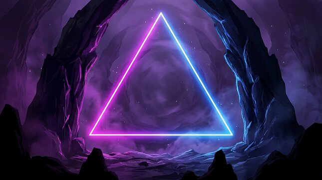 Glowing neon triangle frame floating between dark jagged rock formations in a misty, purple-hued cavernous landscape, digital fantasy