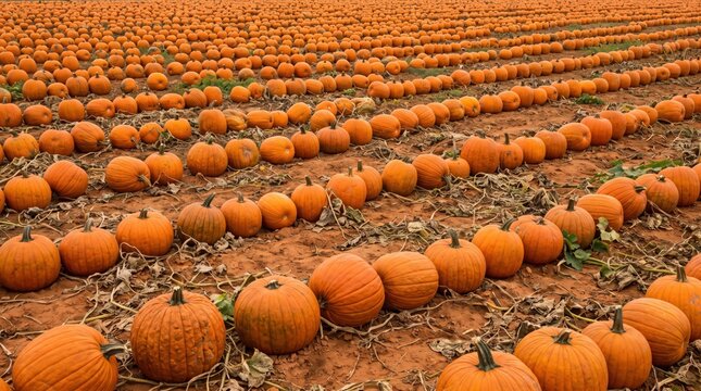 Massive pumpkin patch with rows of ripe orange pumpkins during autumn harvest