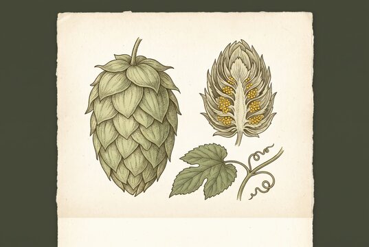 Hop Cone Botanical Illustration with Leaves and Vine