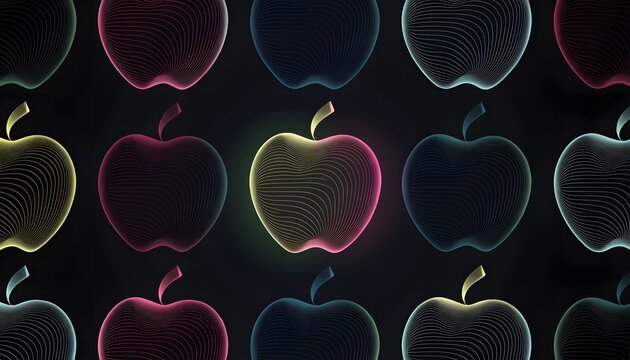 Futuristic neon glowing apple patterns on a dark background. Smart technology and digital fruit concepts. Glowing linear wireframe apples arranged in a rhythmic pattern on a black surface