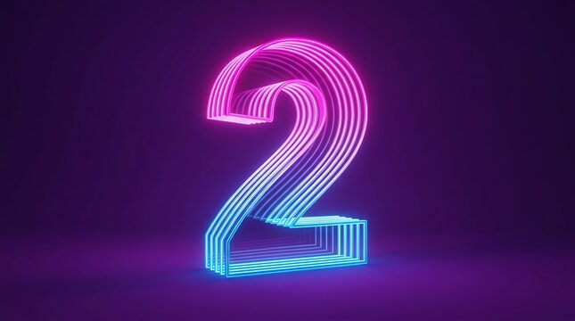 Neon number two, 3 d of the digit 2 formed by glowing pink and blue parallel lines against a dark purple background