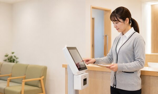 医療施設の受付カウンターで端末を操作し受付業務を行う女性スタッフ