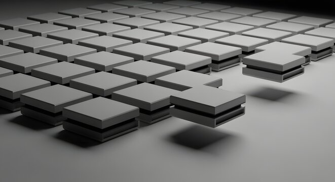 Abstract 3D geometric background featuring matrix grid of square blocks with dynamic elevated cubical units floating above the clean surface