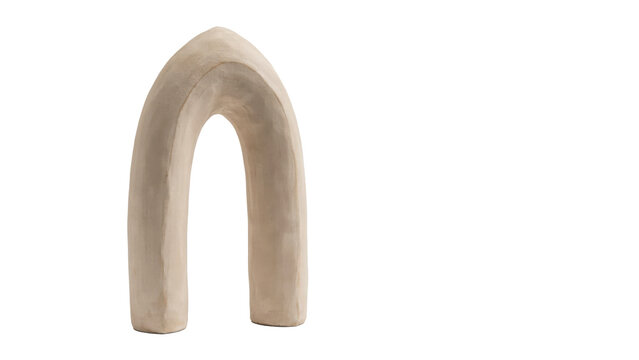 Minimalist beige clay arch sculpture with smooth matte texture and rounded shape isolated on a transparent background