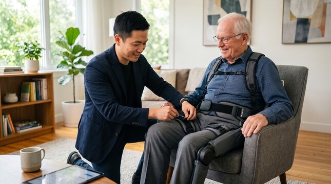 Designer helping senior man adjust robotic exoskeleton for mobility