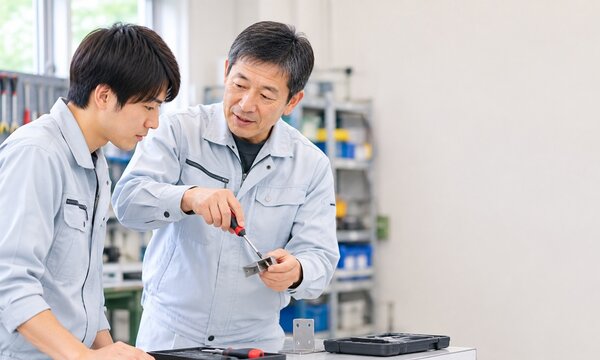 製造現場で工具の使い方を若手作業員に指導するベテラン技術者のOJT研修