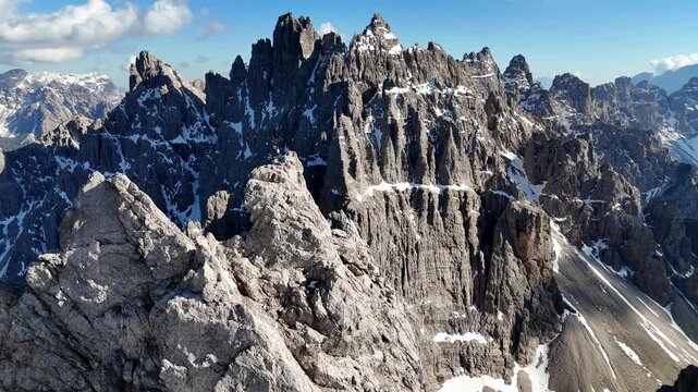 Aerial drone view of majestic rocky mountains in the Alps, Dolomites. Alpine landscape. Italy	