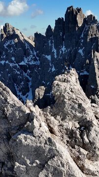 Aerial drone view of majestic rocky mountains in the Alps, Dolomites. Alpine landscape. Italy	
