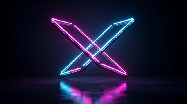 Two intersecting neon light bars, one pink and one blue, forming an x shape against a dark background, with a reflective, floor surface