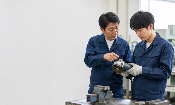 製造現場で機械部品の組み立て方法を指導する先輩技術者と若手作業員