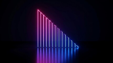Naklejka premium Vertical neon light bars arranged in a descending triangular pattern with pink and blue gradient glow on a dark reflective surface