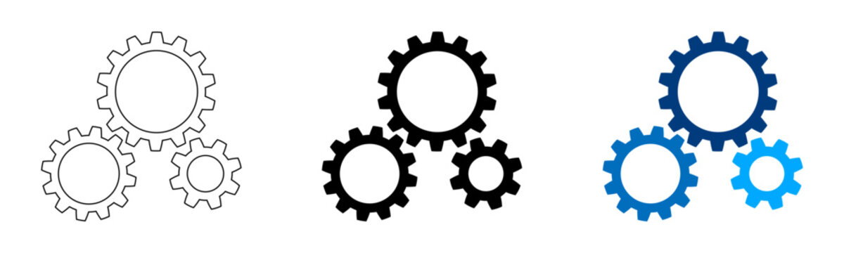 Three cogwheel gears sign, cogs process symbol, progress concept, teamwork, partnership. Gear wheel icon outline, black and color style