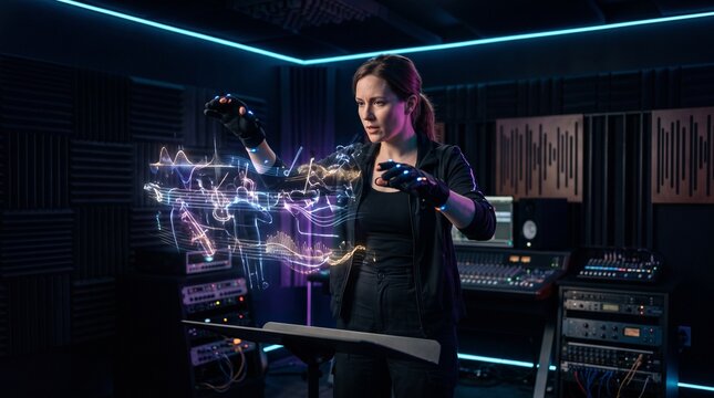 Woman conducting virtual orchestra with glowing musical notes in studi
